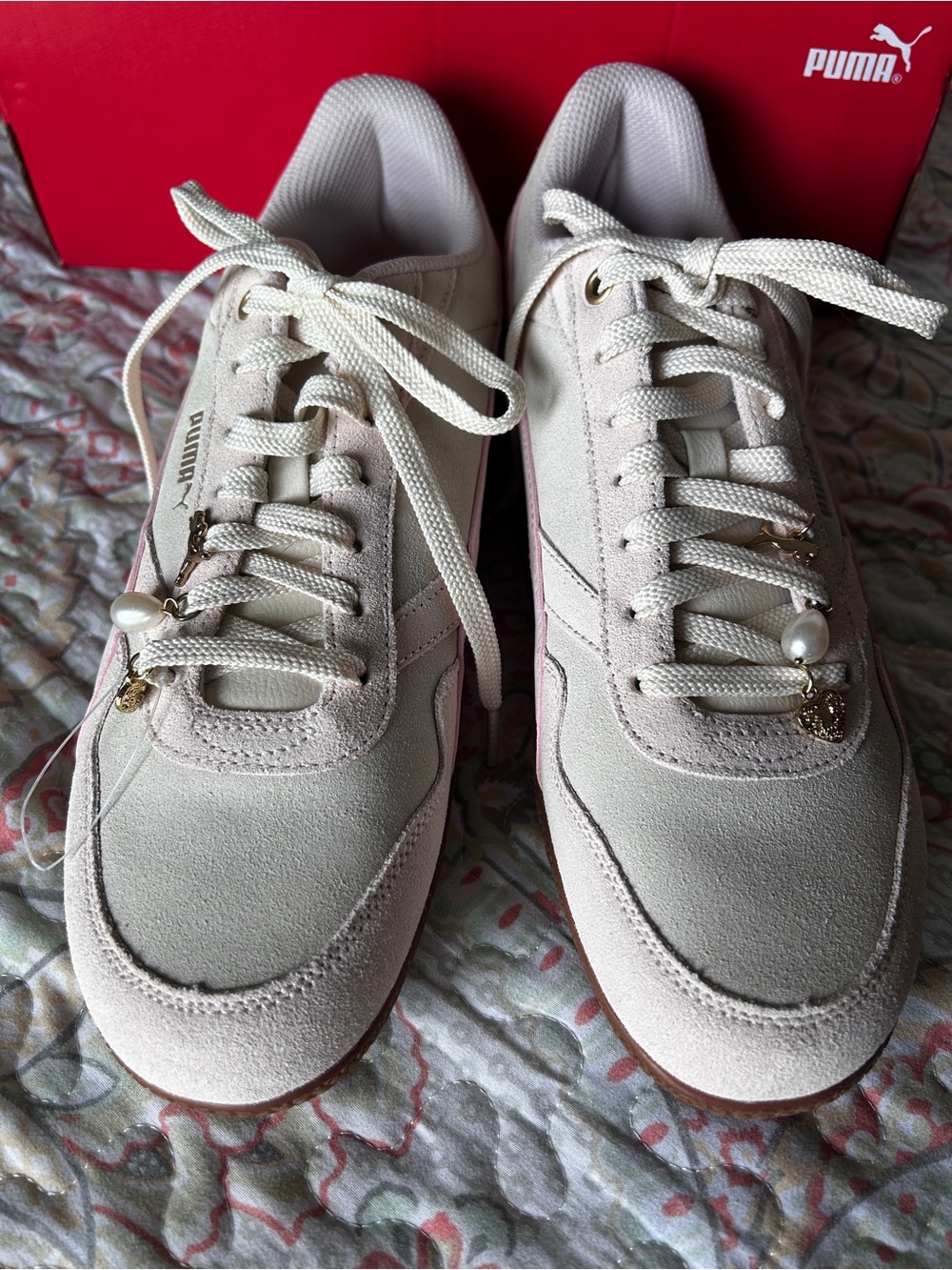 Puma Women's Pale Pink Suede Lace-Up Sneakers with Pearl Charms
